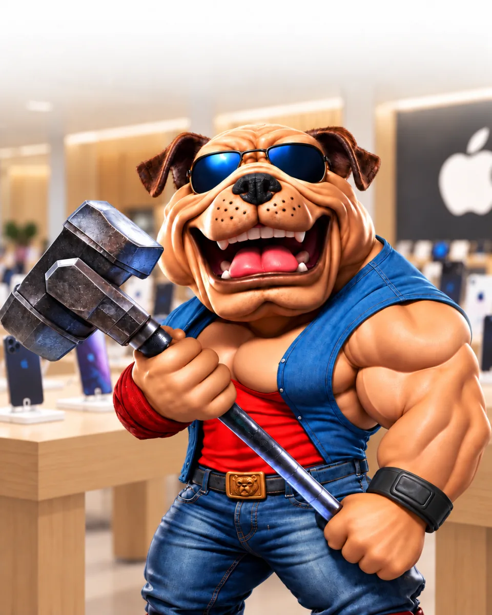 Bulldog visar skärmskydd i en mobilbutik